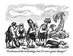 A black and white cartoon sketched drawing of 5 Cavemen with one of them knocked down lying on the ground.